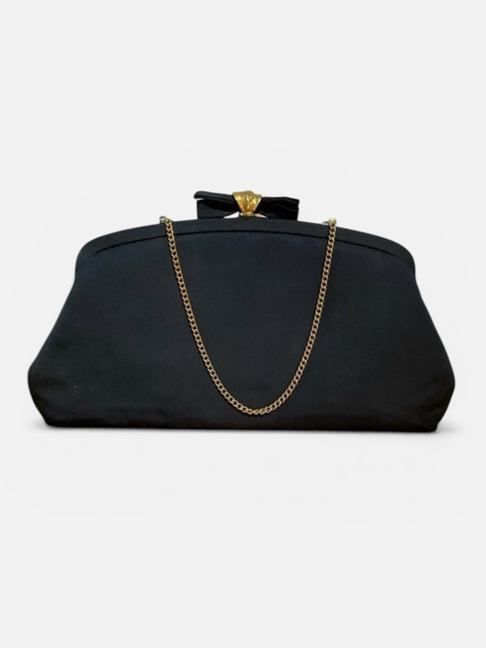 Vintage Handbag Clutch Bow Clasp Black Evening Gold Tone Purse Bag